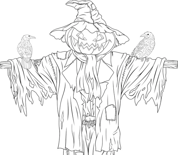 Scarecrow voor halloween met kraaien — Stockvector