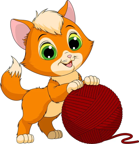 Gatito divertido con una bola de hilos — Vector de stock