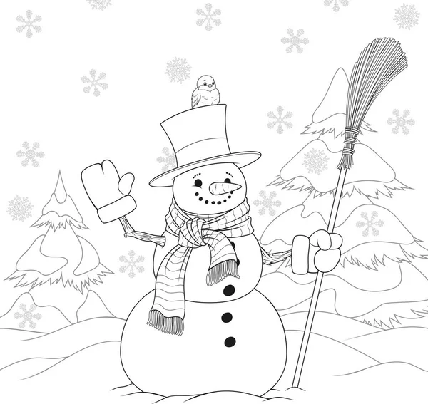 Bonhomme de neige mignon avec un balai — Image vectorielle