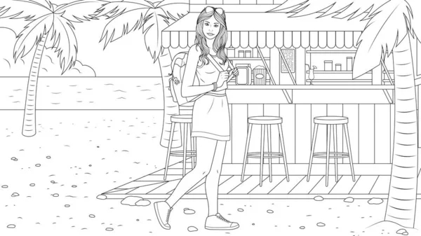 Fille va à un café sur la plage — Image vectorielle