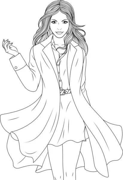 Belle fille dans un élégant livre de coloriage de manteau — Image vectorielle