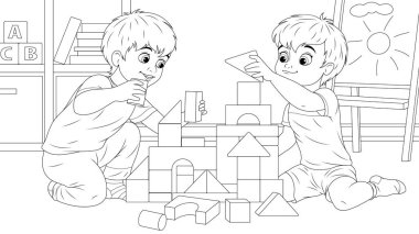 Çocuklar oyun oynar, küp evler yapar, boyama kitabı yapar.