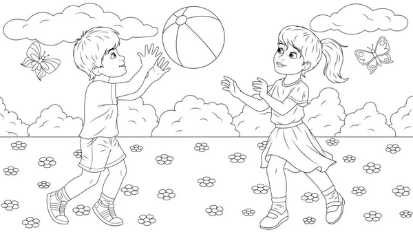 Junge und Mädchen spielen Ball im Park — Stockvektor