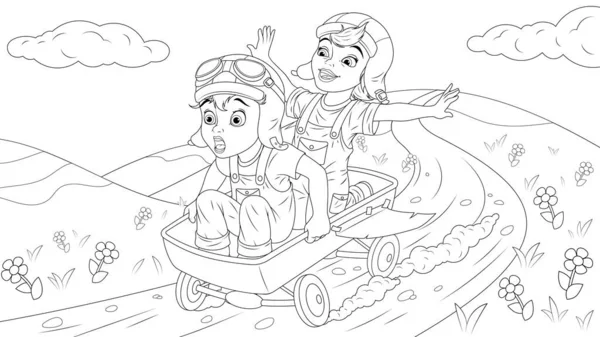 Chico y chica están jugando al aire libre en pilotos — Vector de stock