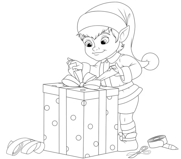 Elfe décore boîte cadeau avec ruban, livre à colorier — Image vectorielle