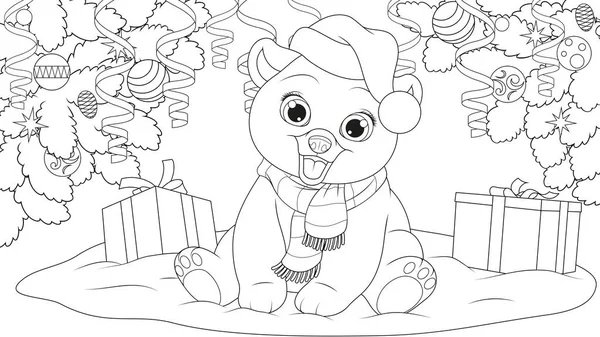 Urso de peluche sob a árvore de Natal em um chapéu — Vetor de Stock