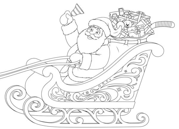 Santa Claus v saních nesoucích dárky — Stockový vektor