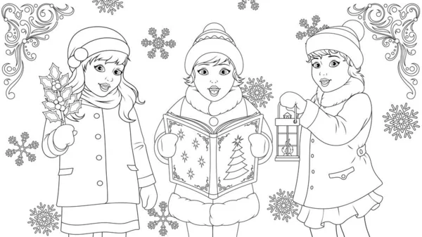 Niños divertidos cantando para Navidad, libro para colorear, coro de niños de la escuela — Archivo Imágenes Vectoriales