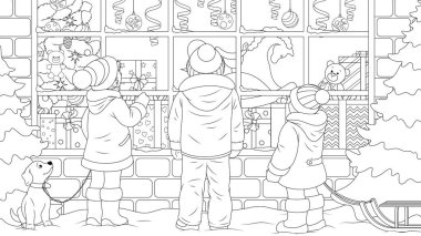 Çocuklar bir Noel hediyelik eşya dükkanının camına bakar.