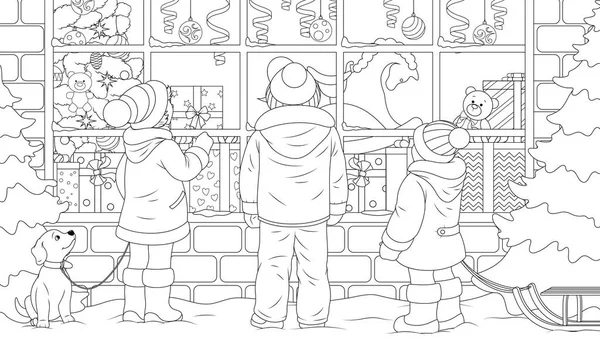 Los niños miran la ventana de una tienda de regalos de Navidad — Archivo Imágenes Vectoriales