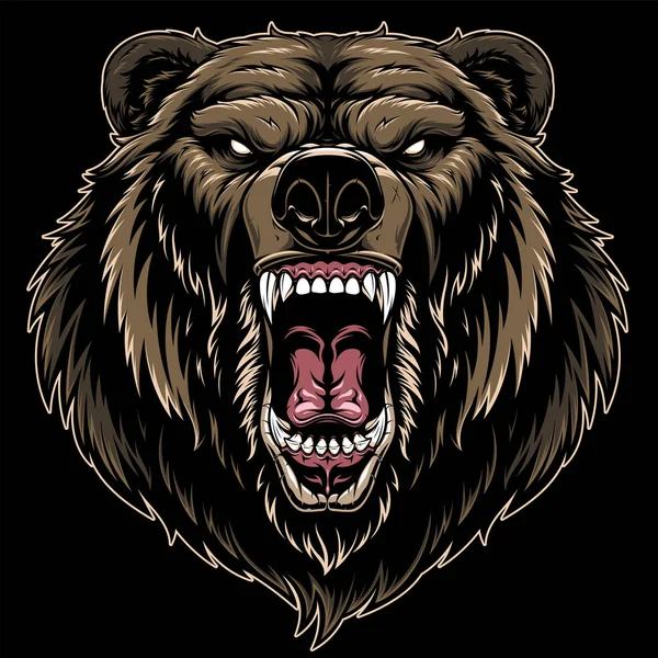 Vector Illustration Head Ferocious Grizzly Bear Black Background — Stock Vector