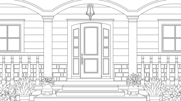 Vector illustratie, veranda met bloemen van een landhuis — Stockvector