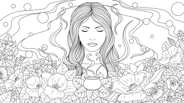 Vector illustration, beautiful girl with flowers, smelling flowers — 스톡 벡터
