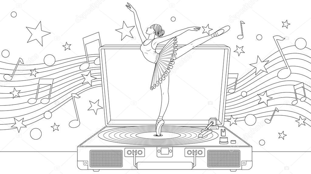 Vector illustration, beautiful ballerina dancing on a turntable, coloring book.