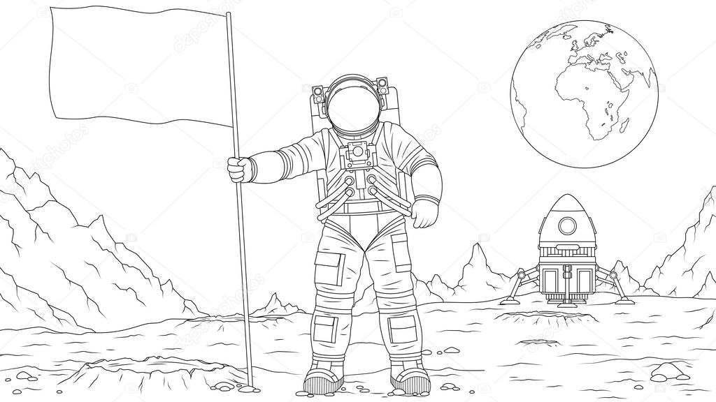 Vector illustration, astronaut on the moon sets the flag