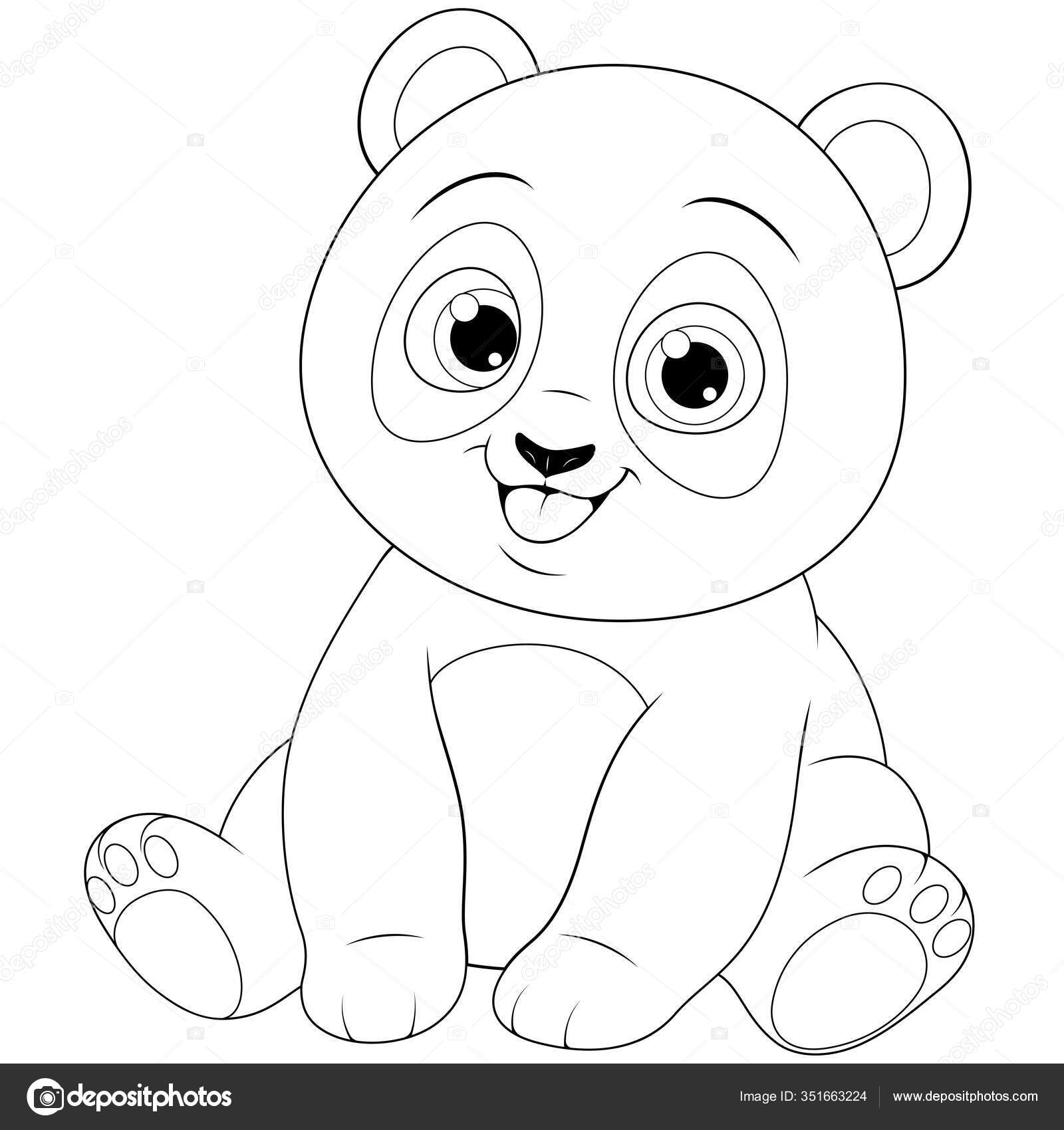 Cute funny little panda baby sitting smiling on a white background