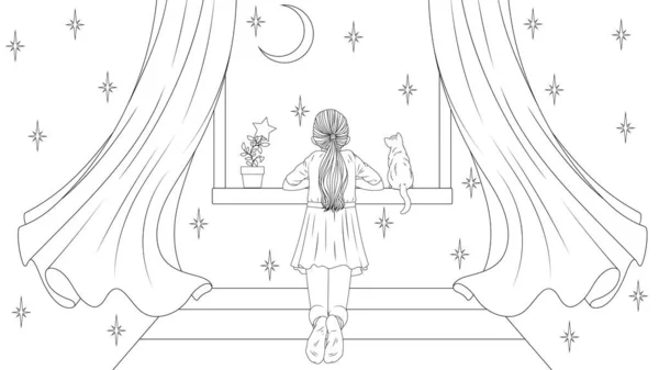 Vector illustration, a little girl looks at the starry sky with a kitten sitting on the window — Stock Vector