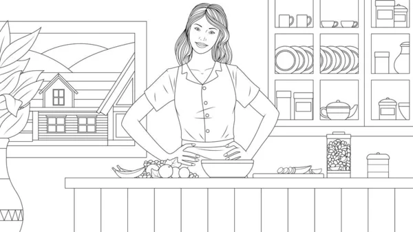 Векторна ілюстрація красивої дівчини, що готує їжу на кухні — стоковий вектор