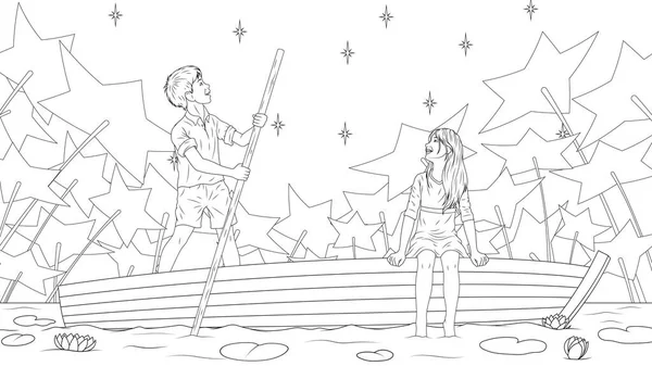 Wektor ilustracja chłopiec i dziewczyna jeździć łodzią w nocy, podziwiać gwiazdy — Wektor stockowy