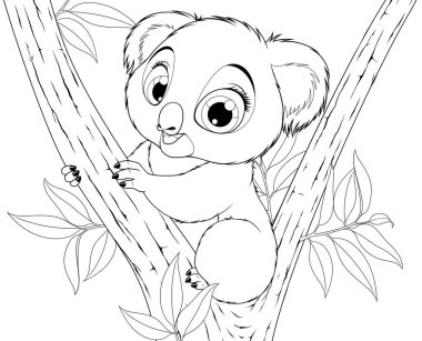 Vektör çizimi, beyaz arka planda gülümseyen komik küçük koala bebeği, boyama kitabı.