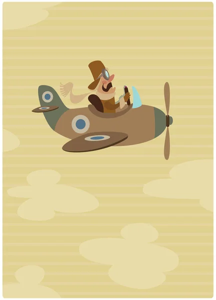 Cartoon-Retro-Pilot mit seinem Oldtimer-Flugzeug auf dem Flug — Stockvektor