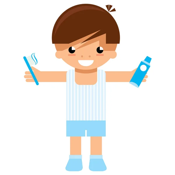 Cartoon boy character holding toothbrush and toothpaste to wash — Stock Vector