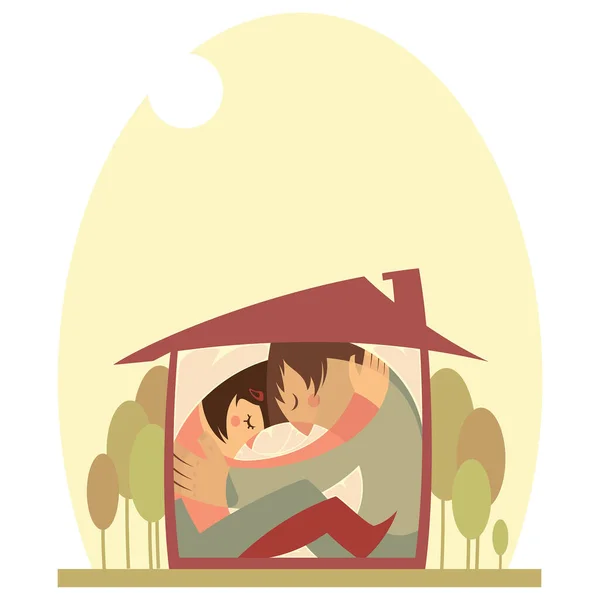 一个隔离的男人和一个女人的隔离的概念形象拥抱在他们不适合他们的小房子里 白色背景中孤立的矢量悬崖图 — 图库矢量图片#