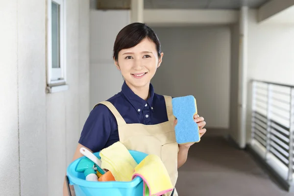 Mujer Sonriente Posando Con Artículos Limpieza — Foto de Stock