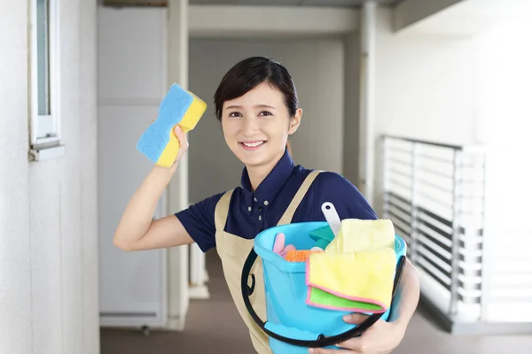 Smiling woman posing with cleaning supplies