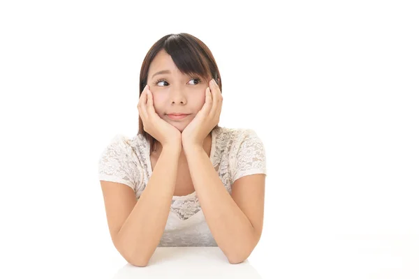 Depressief Aziatische Vrouw Geïsoleerd Witte Achtergrond — Stockfoto