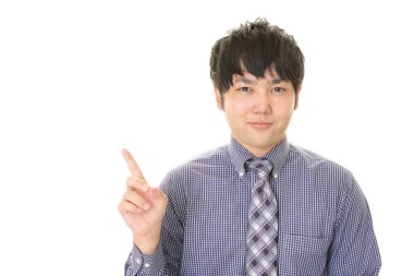 Asya işadamı izole üzerinde beyaz arka plan işaret