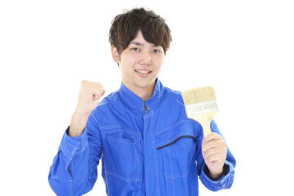 Smiling Asian Worker Isolated White Background — Stock Photo, Image