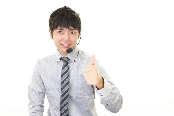 Azji Operator Telefoniczny Pokazując Kciuki Górę Znak — Zdjęcie stockowe