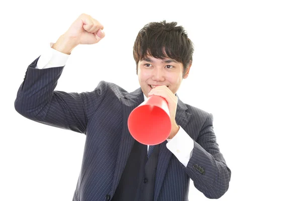 Man Who Cheering Megaphone — Stock Photo, Image