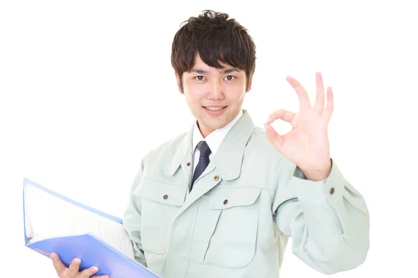 Smiling Asian Worker Isolated White Background — Stock Photo, Image