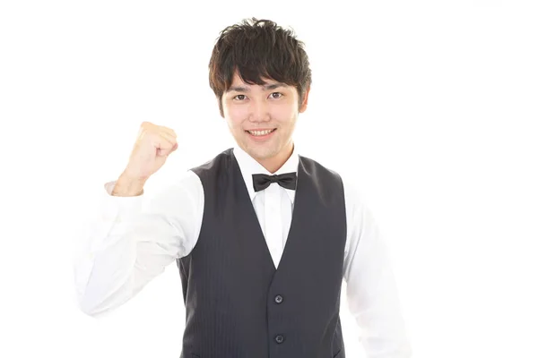 Smiling Asian Waiter Isolated White Background — Stock Photo, Image