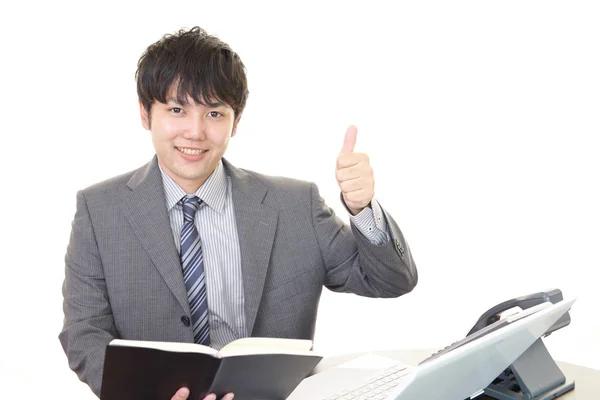 Den Manliga Kontorsarbetare Som Poserar Lyckligt — Stockfoto