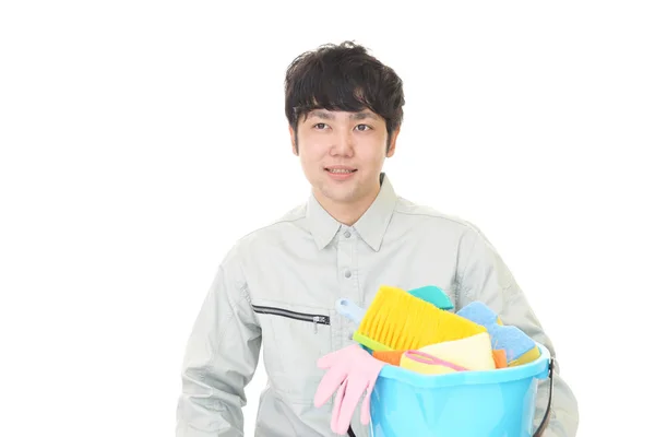 Sonriente Conserje Asiático Con Herramientas Limpieza — Foto de Stock
