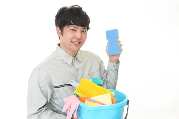 Χαμογελώντας Ασίας Θυρωρός Εργαλεία Καθαρισμού — Φωτογραφία Αρχείου