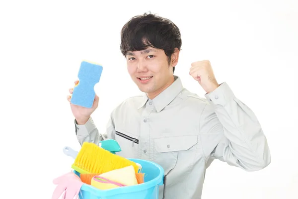 Sorrindo Asiático Zelador Com Ferramentas Limpeza — Fotografia de Stock