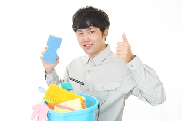 Sonriente Conserje Asiático Con Herramientas Limpieza — Foto de Stock
