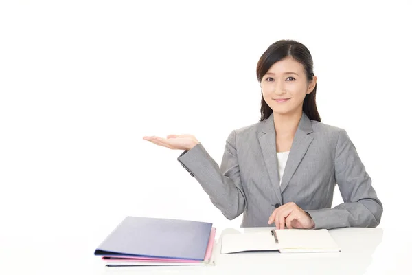 Business Woman Showing Something Palm Her Hand — Stock Photo, Image