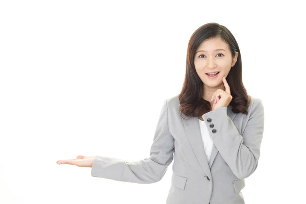 Business Woman Showing Something Palm Her Hand — Stock Photo, Image