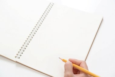 Not defterine kalem yazan bir kadın el.