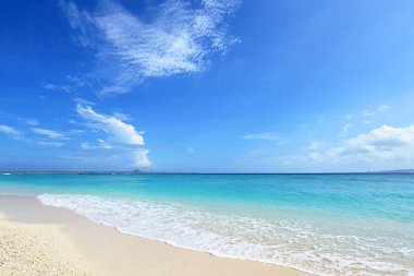 Okinawa 'da güzel bir plajın resmi.