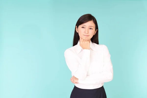 Dissatisfied Asian Woman Isolated Blue Background — Stock Photo, Image