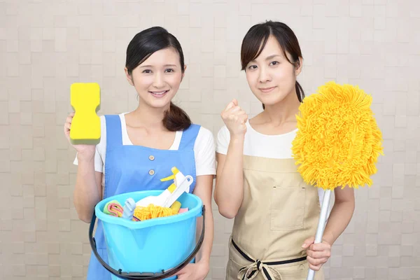 Smiling Female Janitors Cleaning Supplies — Stock Photo, Image