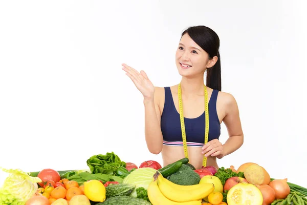 Donna Sorridente Con Frutta Verdura — Foto Stock