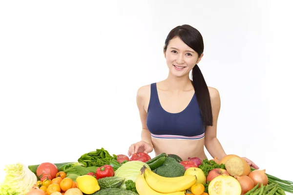 Femme Souriante Aux Fruits Légumes — Photo