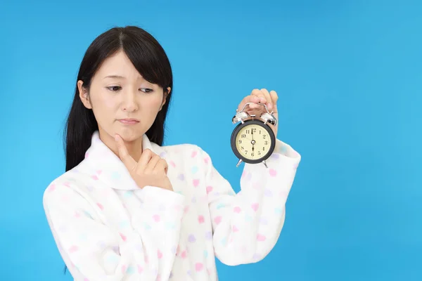 Tired Stressed Asian Woman Alarm Clock — Stock Photo, Image